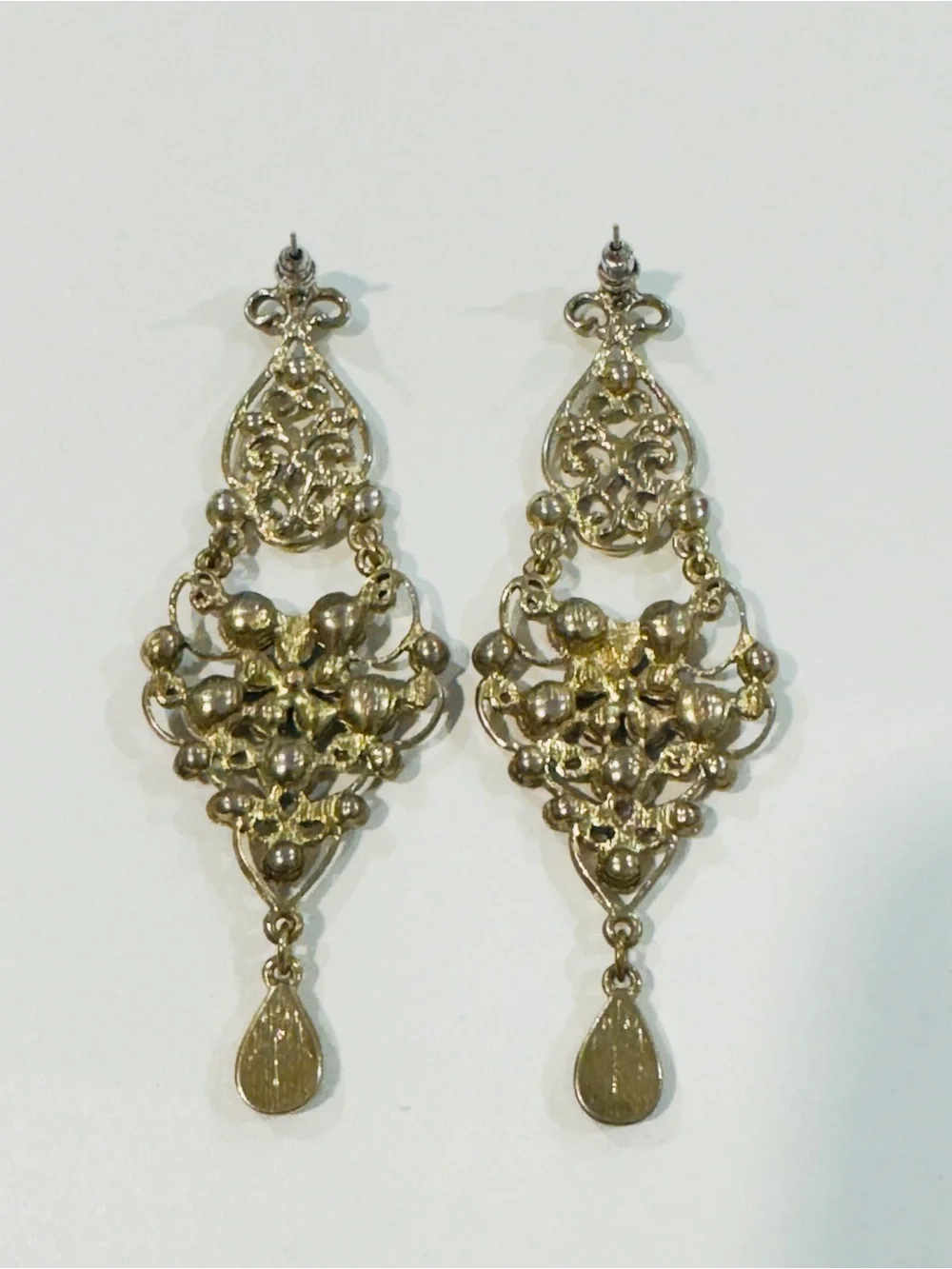Gold Tone Filigree Chandelier Earrings Purple Teal Rhinestones Boho Statement